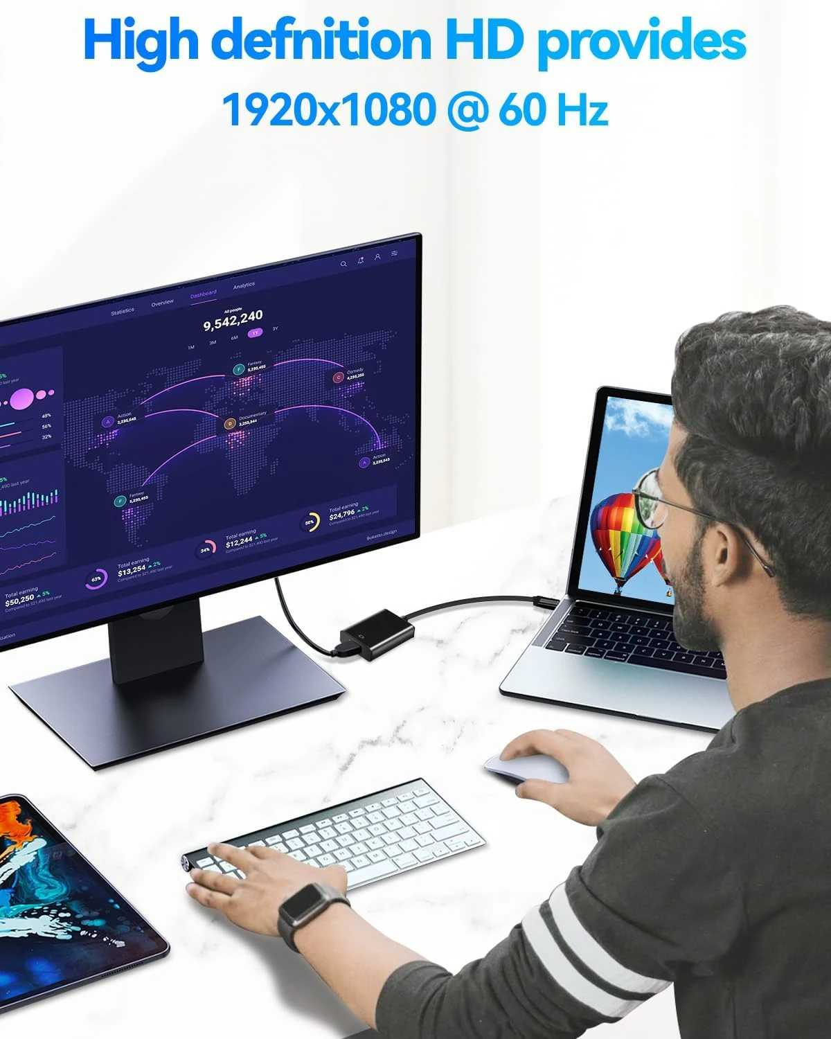 USB 3.0 to HDMI-compatible Converter 1080P@60Hz Video Adapter Card with Built-in Chip for Windows11/10 MacOS10.15 Laptop PC