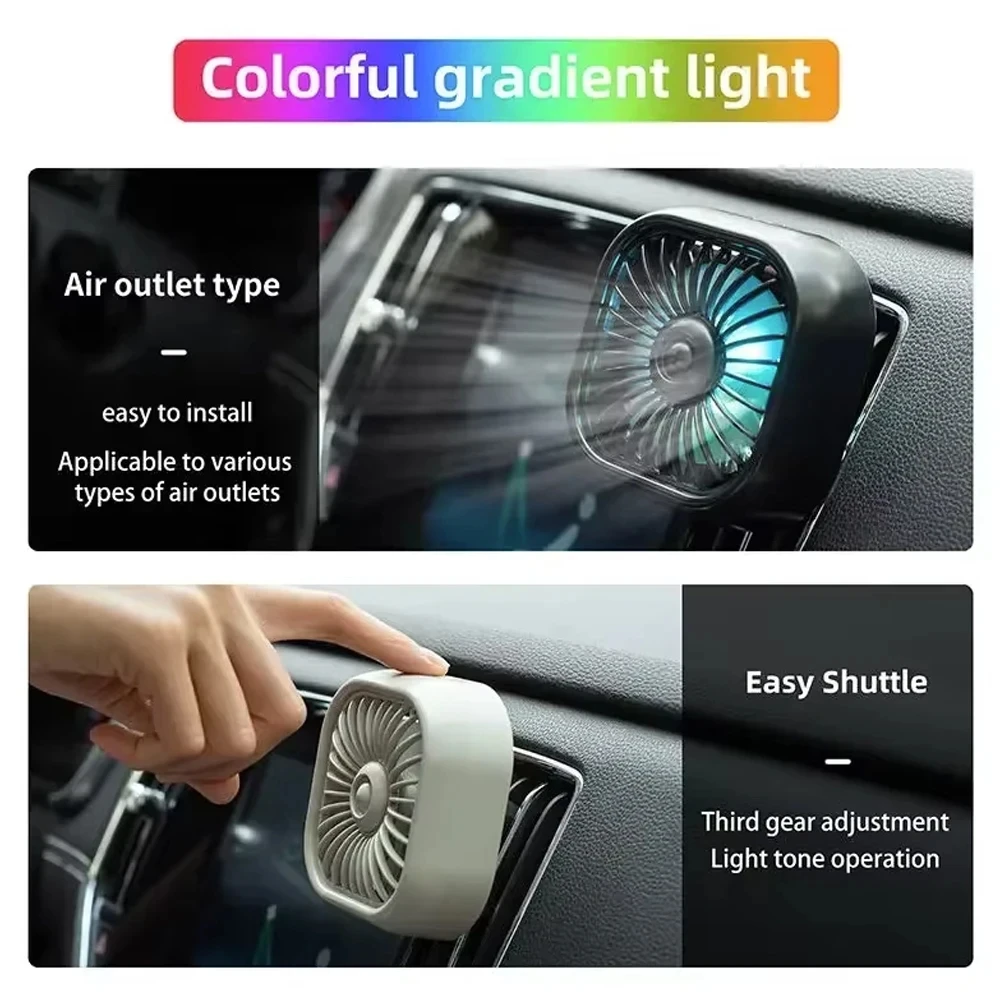 Ventilador de Carro Mini USB Novo para o Verão, 3 Velocidades Ajustáveis, Montagem na Saída de Ar com Luz Colorida, Acessórios para Carro