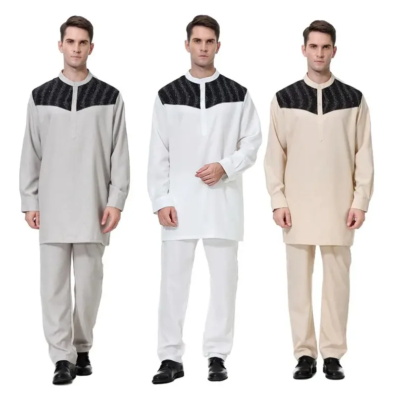 

2 Piece Muslim Mens Saudi Thobe Robe Arabic Kaftan Islamic Clothing Long Sleeve Tops Pants Dubai Jubba Middle East Outfit Caftan