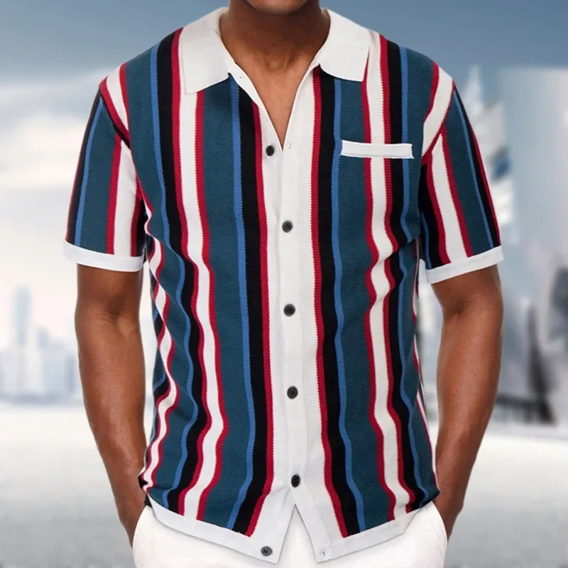 

LIBIELIY New Men's Summer Cardigan Knitted T-shirt Business High-end Slim Short Sleeve Lapel Striped Casual Fashion Polo Shirt M