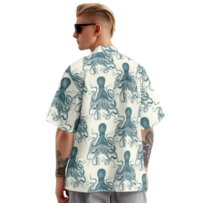 Octopus Print Shirt Men's Hawaiian Chest Pocket Shirt Casual Short Sleeve Daily Smart Business Shirt For Men