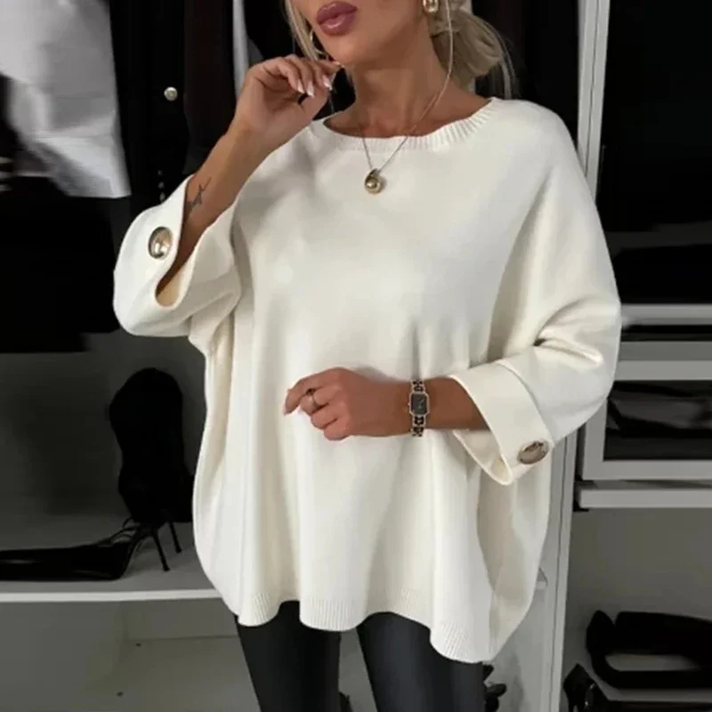2024 Winter Fashion Button Loose Sweater Autumn Elegant O-neck Knitted Pullover Women Causal Long Sleeve Solid Color Jumper Tops