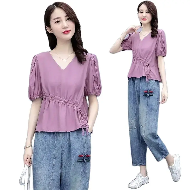 Single/Sets Jeans Collocation Short-Sleeved Cotton V-Neck Top Suit Female 2024 New Summer Dress Fashion Casual Two-Piece Suit