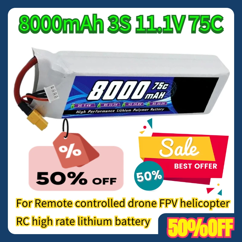 

For Remote controlled drone FPV helicopter RC high rate lithium battery 8000mAh 3S 11.1V 75C