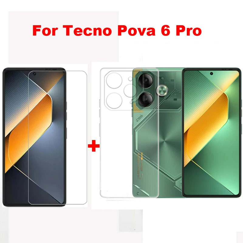 2in1 Tempered Glass For Tecno Pova 6 Pro LI9 Silicone Case Transparent Phone Cover For Tecno Pova 6 Pro 6pro 5G Screen Protector