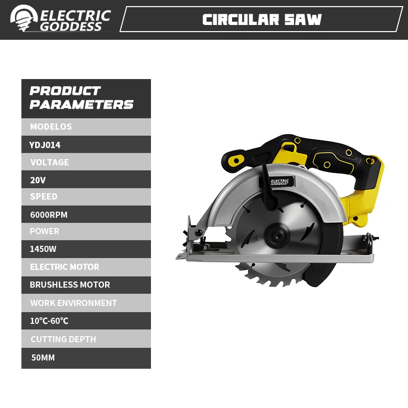 Electric Goddess 6.5in Brushless Electric Circular Saw For Dewalt Battery ﻿Pin Cordless 1450W Handheld Woodwork Cutting Saw ﻿