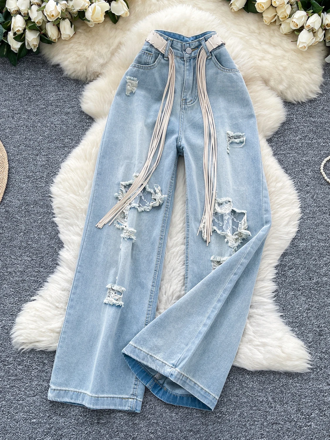 

Light Blue High Waist Wide Leg Jeans Women's Fashionable Casual Pants Loose Fit Casual Style Zipper Closure Four Seasons