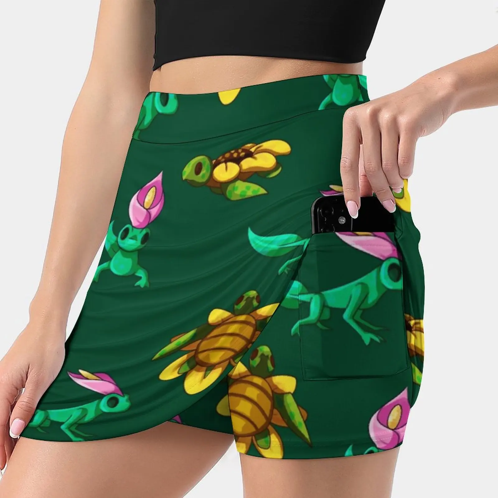 Floral Reptiles New Women Skirts Double-Layer Printed Short Dress Mini Sport Skirt Flower Lily Sunflower Lizard Turtle Cute