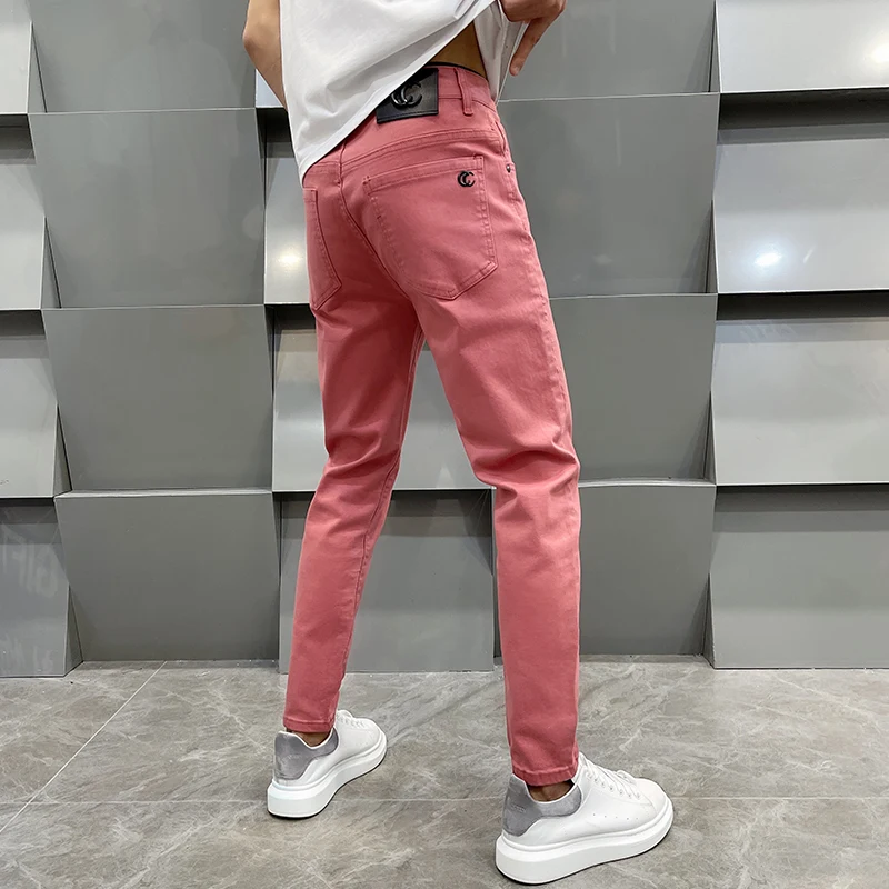 

Pink jeans high-end fashion Slim thin straight trousers spring and summer thin section casual versatile white men's trousers