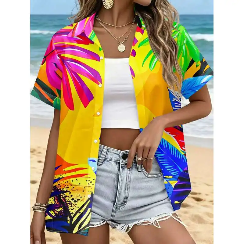 Women's Casual Short Sleeve Button-Up Shirt Vibrant Tropical Leaf Cluster Bright Yellow Base Fresh Energetic Pattern Machine Was