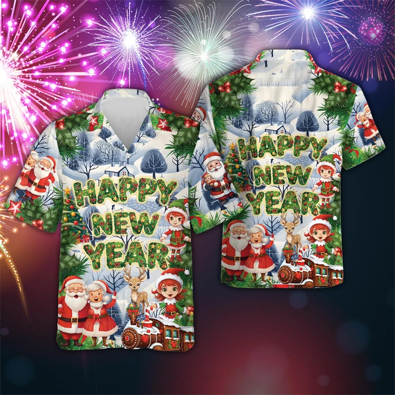 2025 Happy New Year Graphic Shirts For Men Clothes Harajuku Fashion Merry Christmas Lapel Blouse Funny Gifts Blouses Xmas Tops