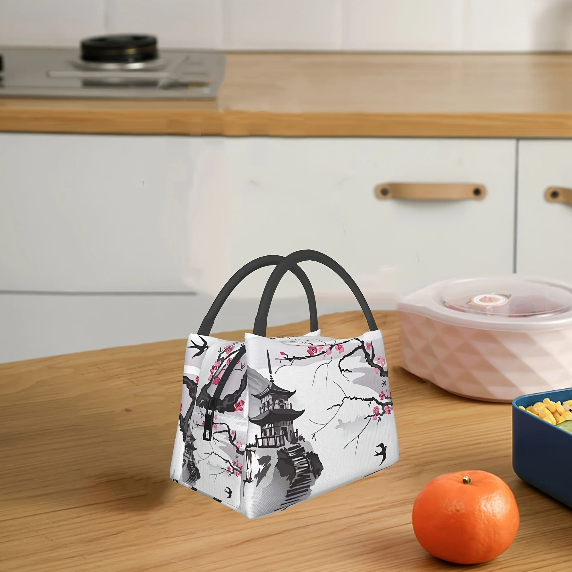 Japanese Ink Painting Cherry Blossom Print Lunch Bag Traditional Pagoda Sakura Pattern Insulated Tote Reusable Cooler Bag