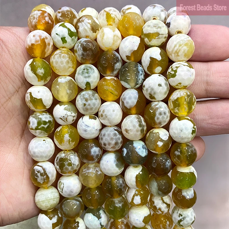 Natural Stone Light Yellow Frost Cracked Faceted Fire Agates Round Loose Beads 15'' Strand 12mm Diy Bracelet Necklace Ear Studs