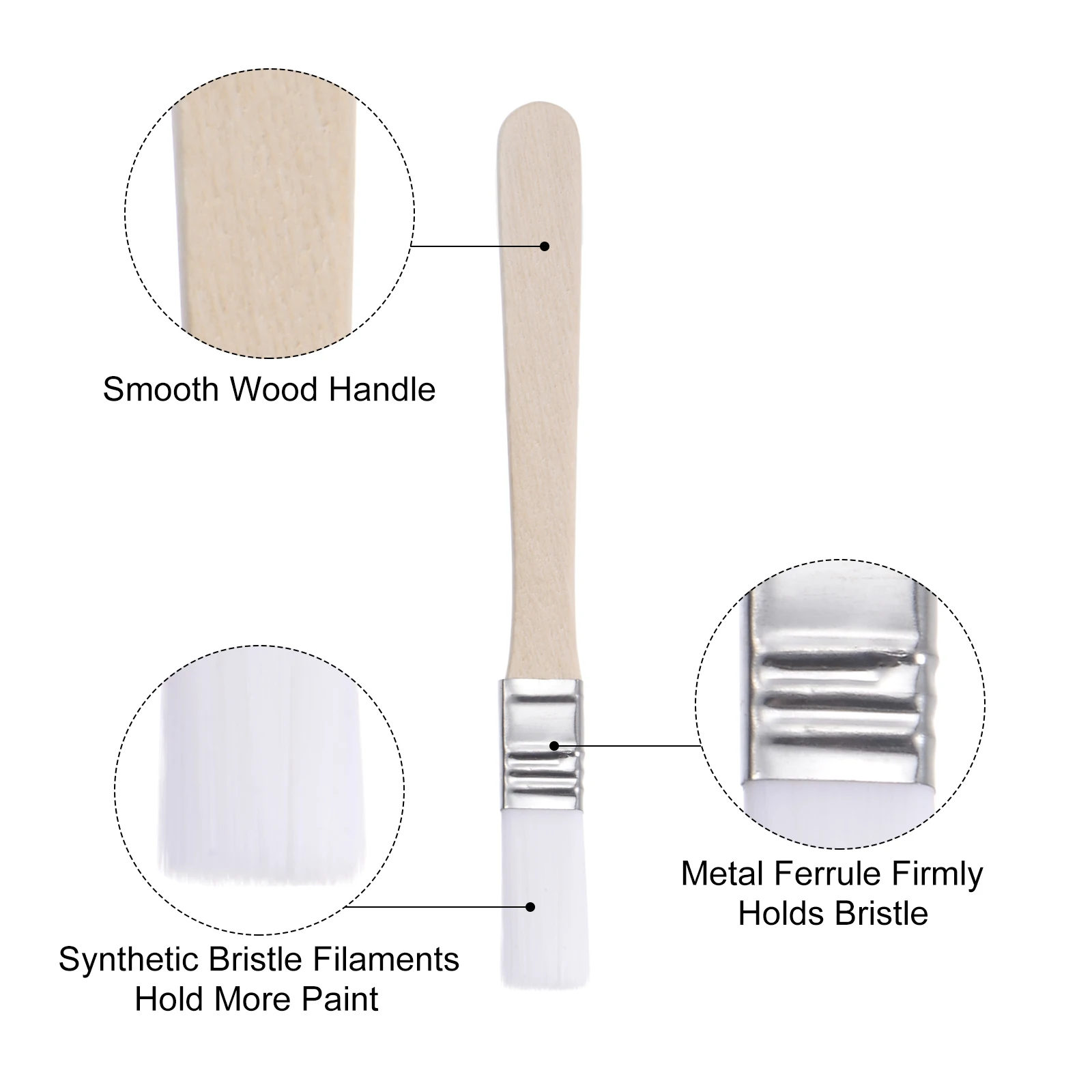 Small Paint Brush Nylon Bristle with Wood Handle Tool, White 6Pcs