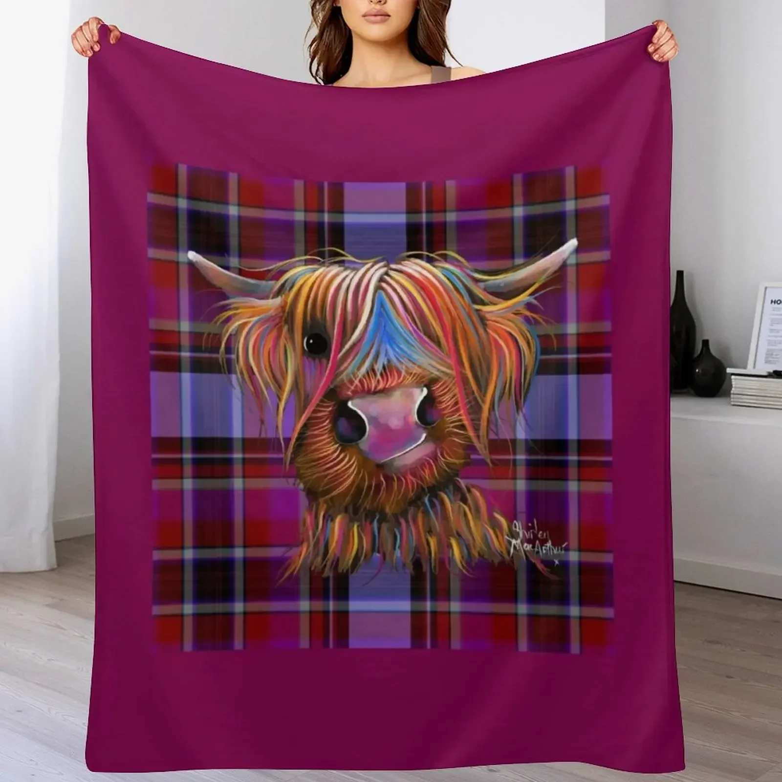 HiGHLaND CoW PRiNT ' TaRTaN BRuCe P ' BY SHiRLeY MacARTHuR Throw Blanket Sofa Throw Vintage Winter beds Blankets