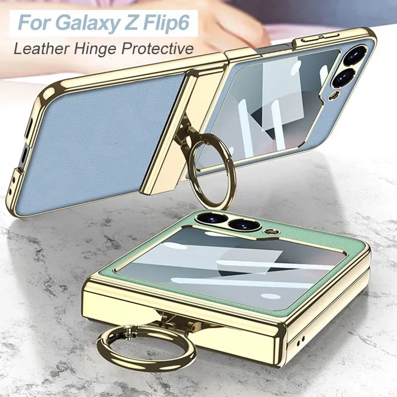 

Magnetic Hinge PU Leather Case For Samsung Galaxy Z Flip 6 Screen Glass Plating Ring Holder Hard Cover For Galaxy Z Flip 6 Case