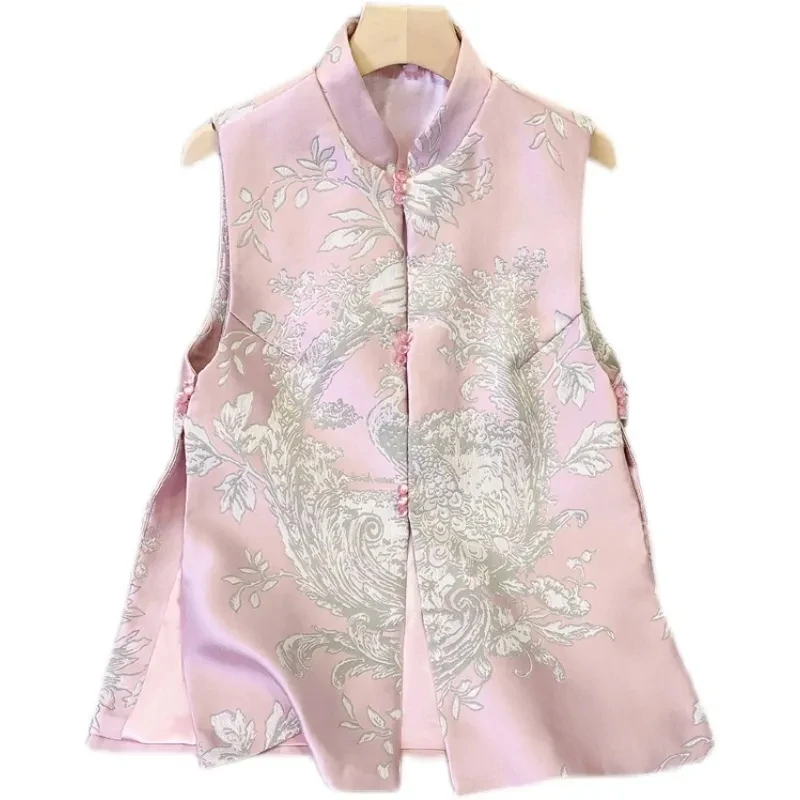 Vintage Chinese Style Stand Collar Top Vest Cardigan Women Fashion Jacquard Sleeveless Jacket Female Waistcoat Women Clothing