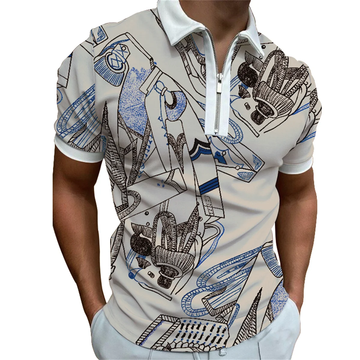 Herren Frühling und Sommer Kurzarm Casual Poloshirt Herrenmode Persönlichkeit bedruckt Reißverschluss Revers Polo T-Shirt