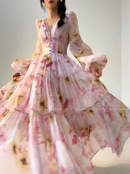 French Fashion Women V Neck Flower High Waist Long Dress New Autumn Pink Floral Print Chiffon Lantern Sleeve Holiday Maxi Robe