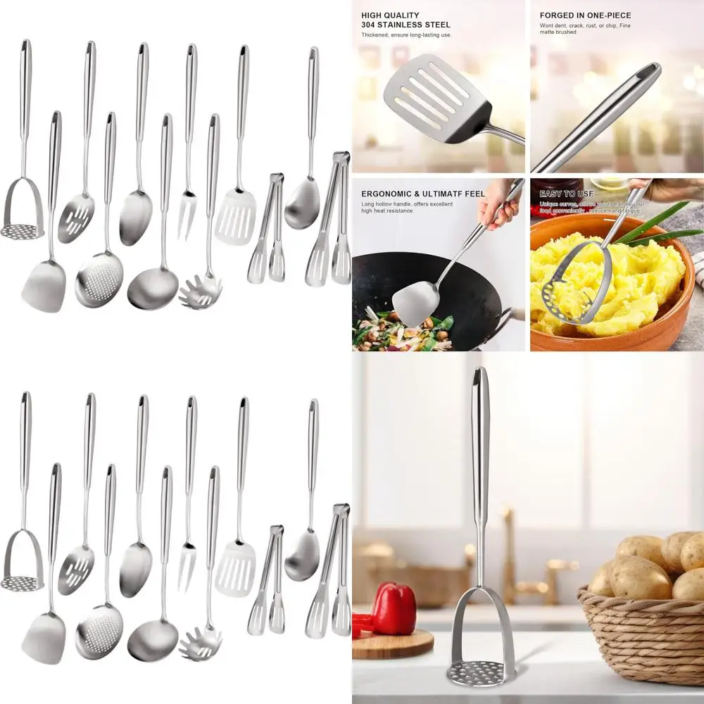

12-Piece Stainless Steel Kitchen Utensil Set with Masher, Fork, Tongs, and More - Dishwasher Safe