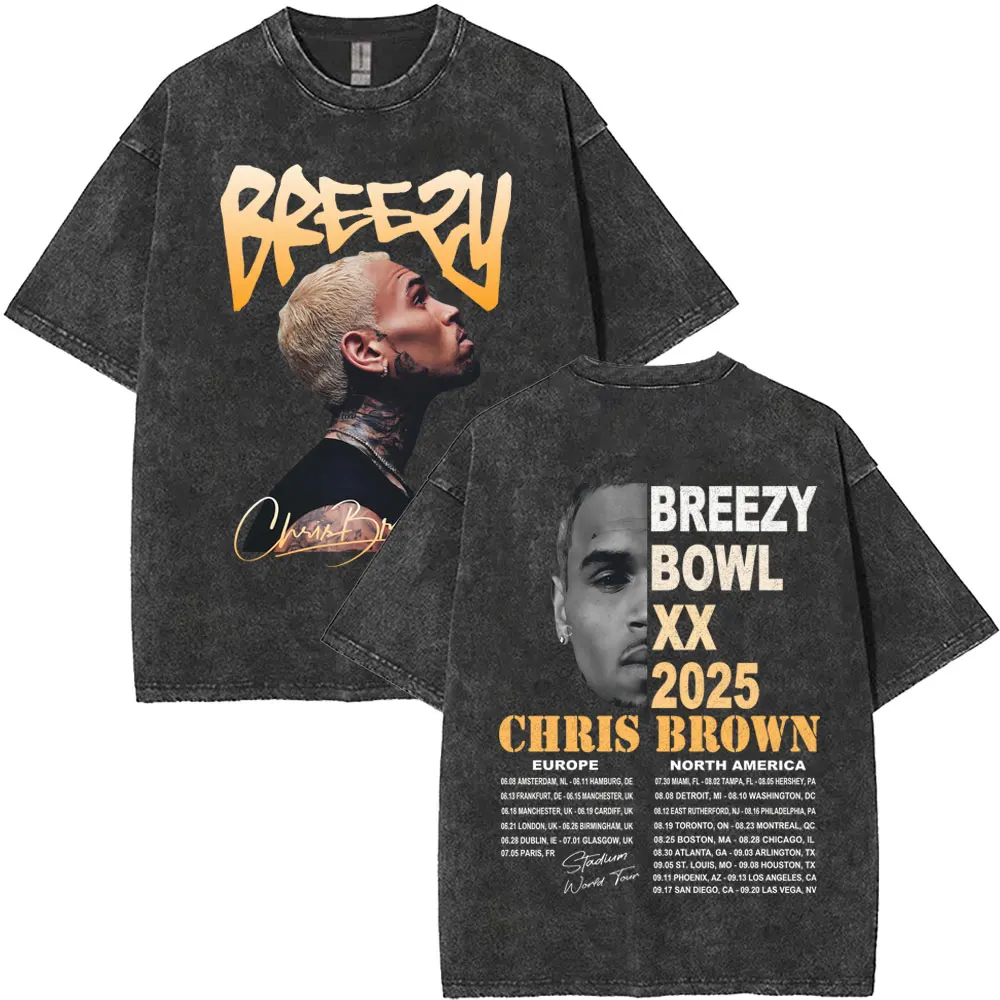 

Chris Brown Breezy Bowl XX Tour 2025 Washed Vintage T Shirt Men Women Hip Hop Oversized T-shirts Fashion O-collar Tops T-shirt