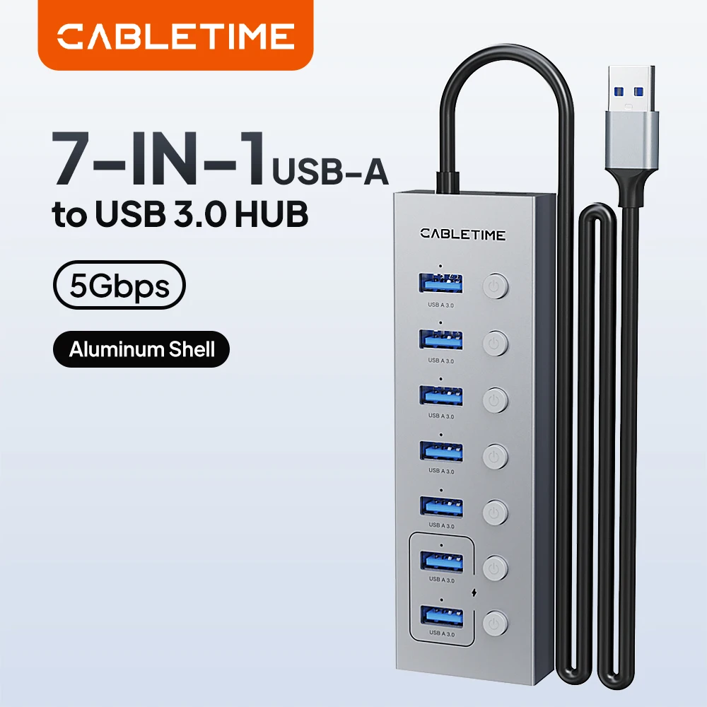 CABLETIME 7-Port USB 3.0 HUB 5Gbps Dock Station USB3.0 Splitter with Individual OFF/ON Switch for PC Laptop USB Ports Extender