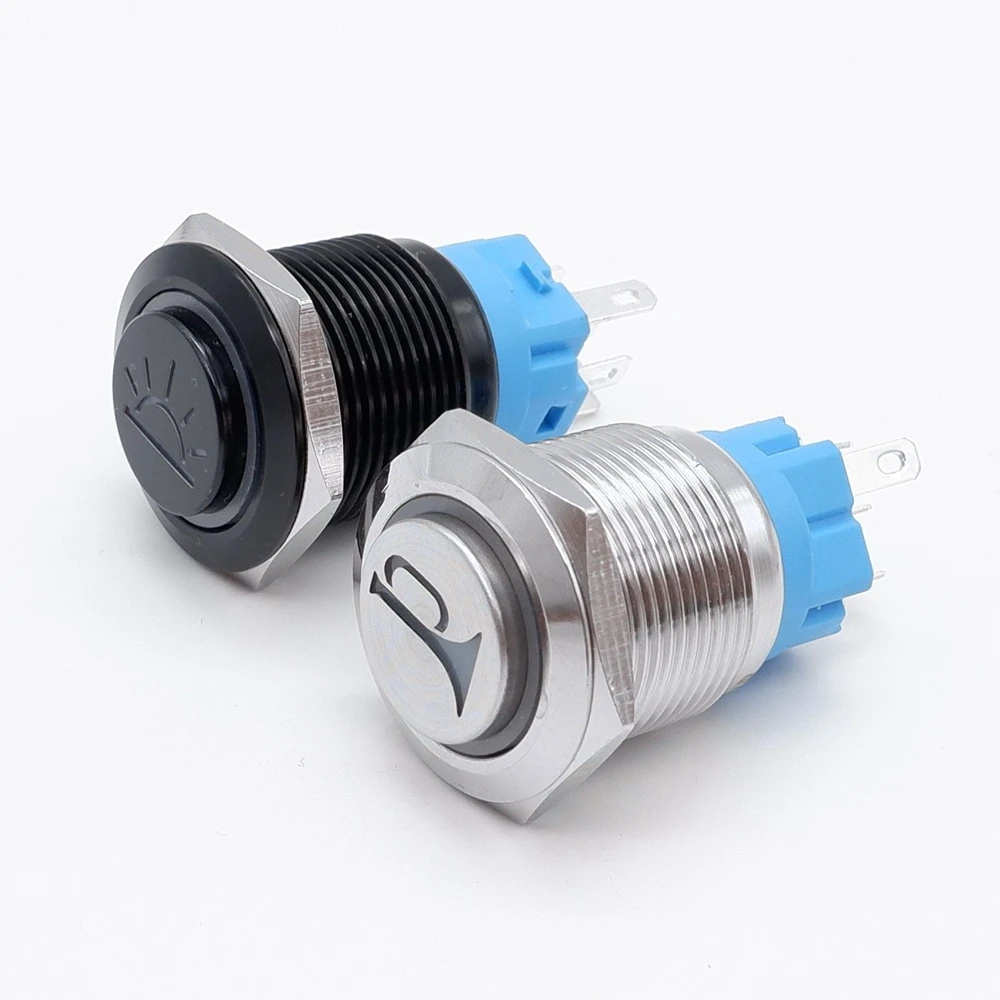 16/19/22 MM Laser Aanpassen Metalen Lichtgevende Ontwerp Drukknop Waterdichte Vergrendeling Momentary Blauw 6 V 12 V 220 V Woord Schakelaar