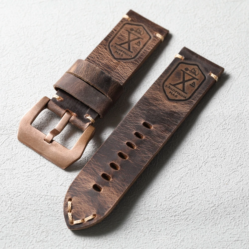 Handmade Head Layer Cowhide Watch Strap 20MM 22MM 23MM 24MM 26MM, Bronze Watch Strap with Vintage Solid Bronze Buckle, CUSN8