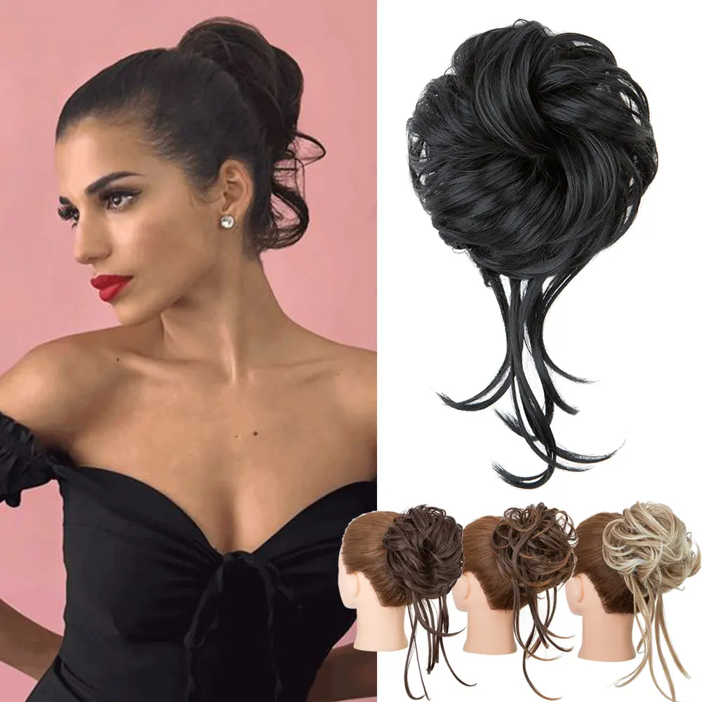 S-noilite Synthetic Messy Bun Hair Piece Curly Hair Bun Extensions With Wavy Tails Hair Scrunchies Ponytail Hairpieces For Women