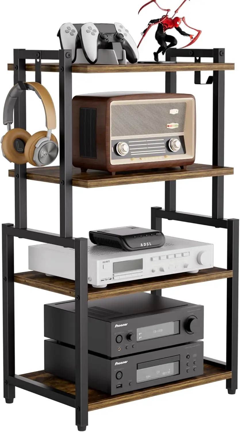 

4-Tier Rustic Brown Media Corner Shelf with Hooks, Game Console Stand for Audio and Vinyl Storage