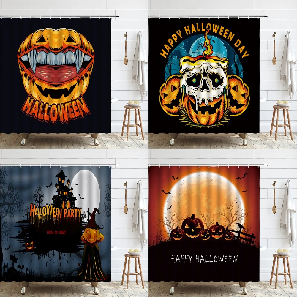 

Halloween Pumpkin Lanterns Shower Curtain Spooky Scary Castle Moon Bats Ghost Cartoon Scarecrow Horror Night Bathroom Curtains