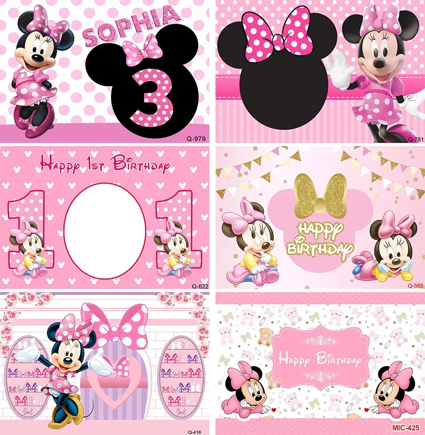 Disney Pink Baby Minnie Mickey Mouse Gender Bow Tie Cartoon Background Girls Shower Birthday Party Banner Decoration Backdrop