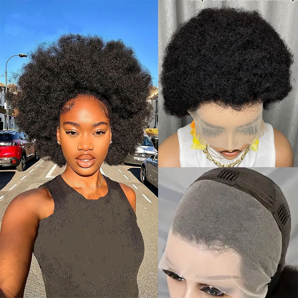 Short Afro Kinky Curly Hair Black Wigs for Black Women 13x4 Lace Frontal Afro Wig Premium Human Hair 180% Density 6 Inch