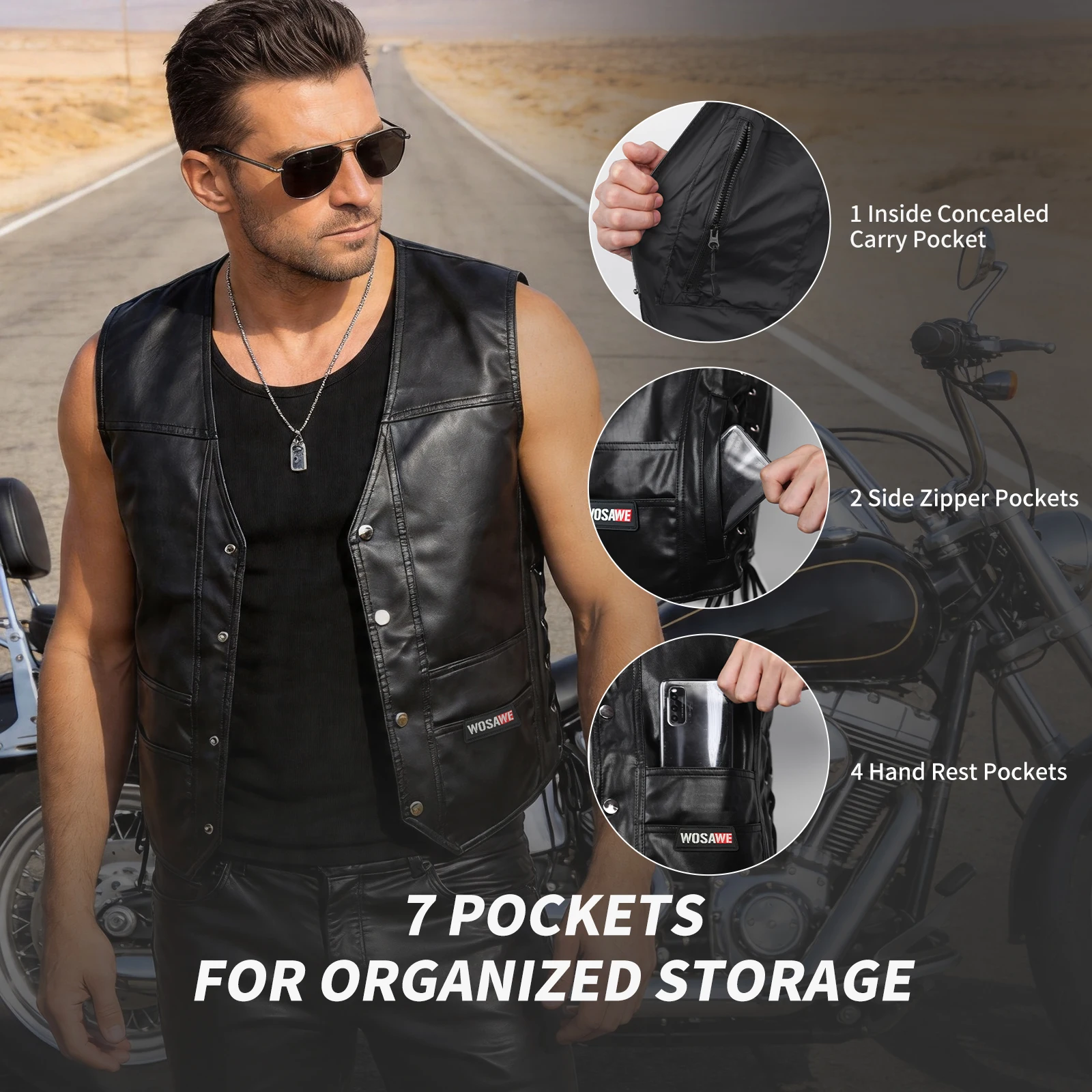 WOSAWE Spring Motorcycle Biker Vest Men's Faux Leather Waistcoat Buttons Casual Vests Sleeveless Jackets Manle Waistcoat ﻿