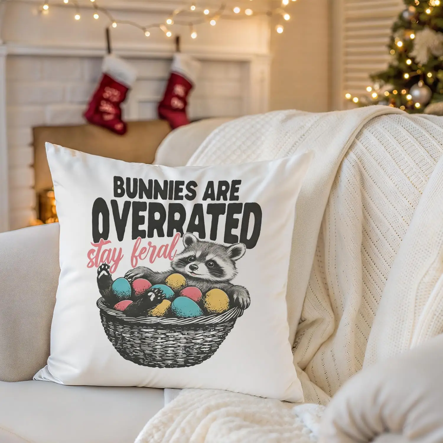 Raccoon Art Pillow Cover Throw Cushion Decor Bunny Overrated Statement Pillow 40x40cm Cute Wildlife Nursery Wall Art Housewarmin