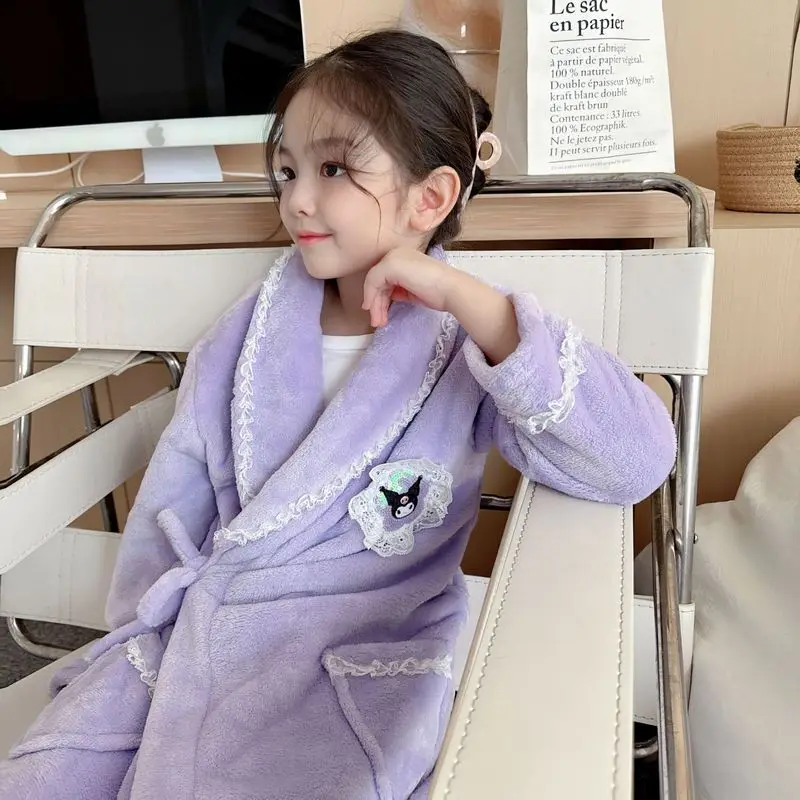 2023 New Cute Autumn And Winter Girls' Home Clothes Kuromi Home Nightdress Warm Padded Flannel Cartoon Bathrobe Christmas Gifts