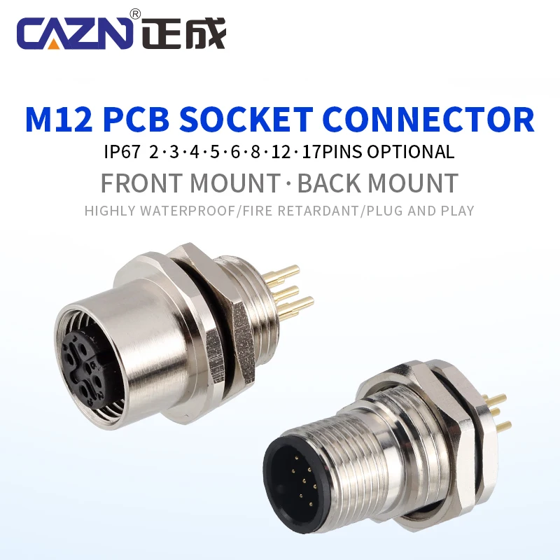 Conector M12 de 2/3/4/5/6/8/12/17 pines, tipo PCB, código A/B/D, macho y hembra, para montaje en panel, conexión de sensor para la industria de automatización