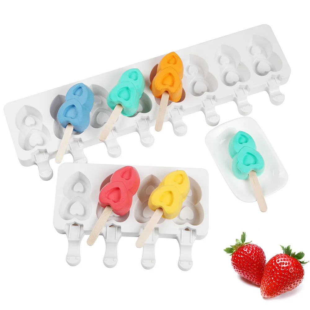 

8 Cavities Double Love Ice Cream Silicone Mold Popsicle Ice Cube Tray Molds Homemade Cheese Sticks Gifts Kitchen Accessories