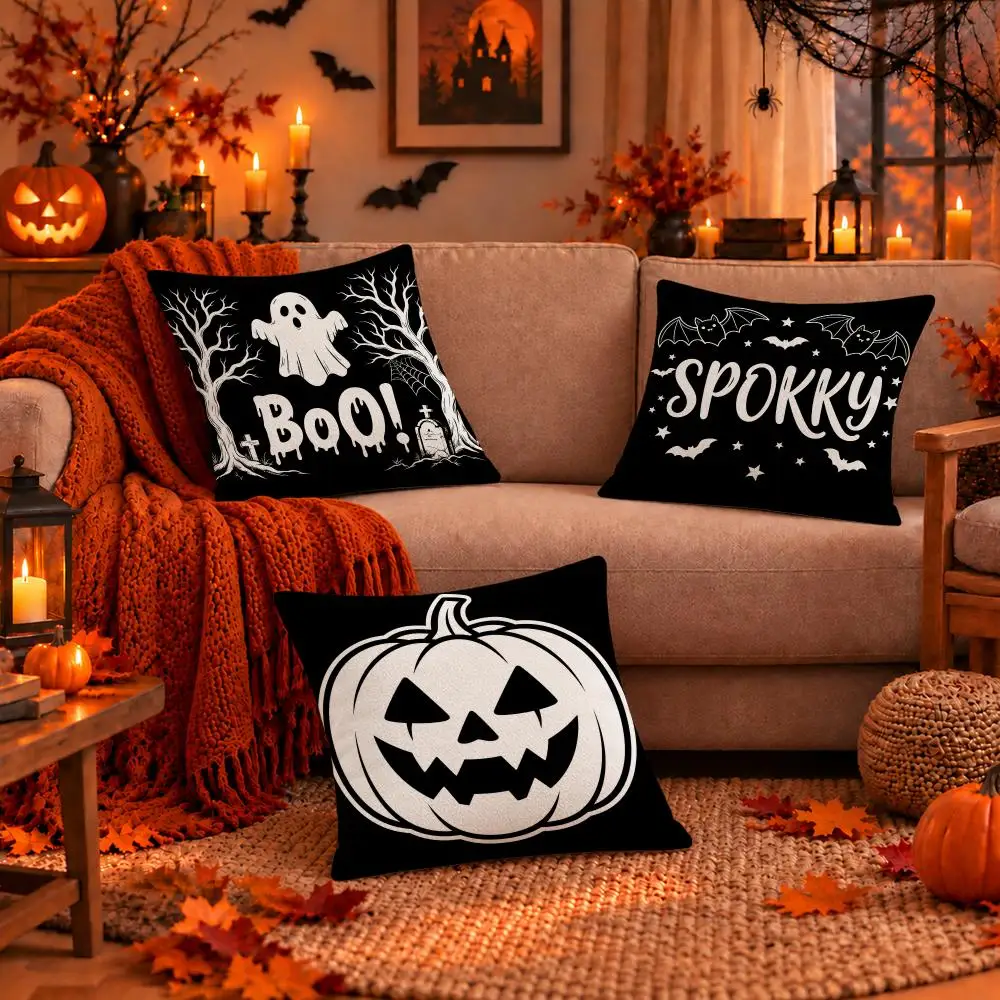 Art Halloween Black White Cushion Cover Dark Gothic Plush Pillow Covers for Sofa Bedroom Home Decor