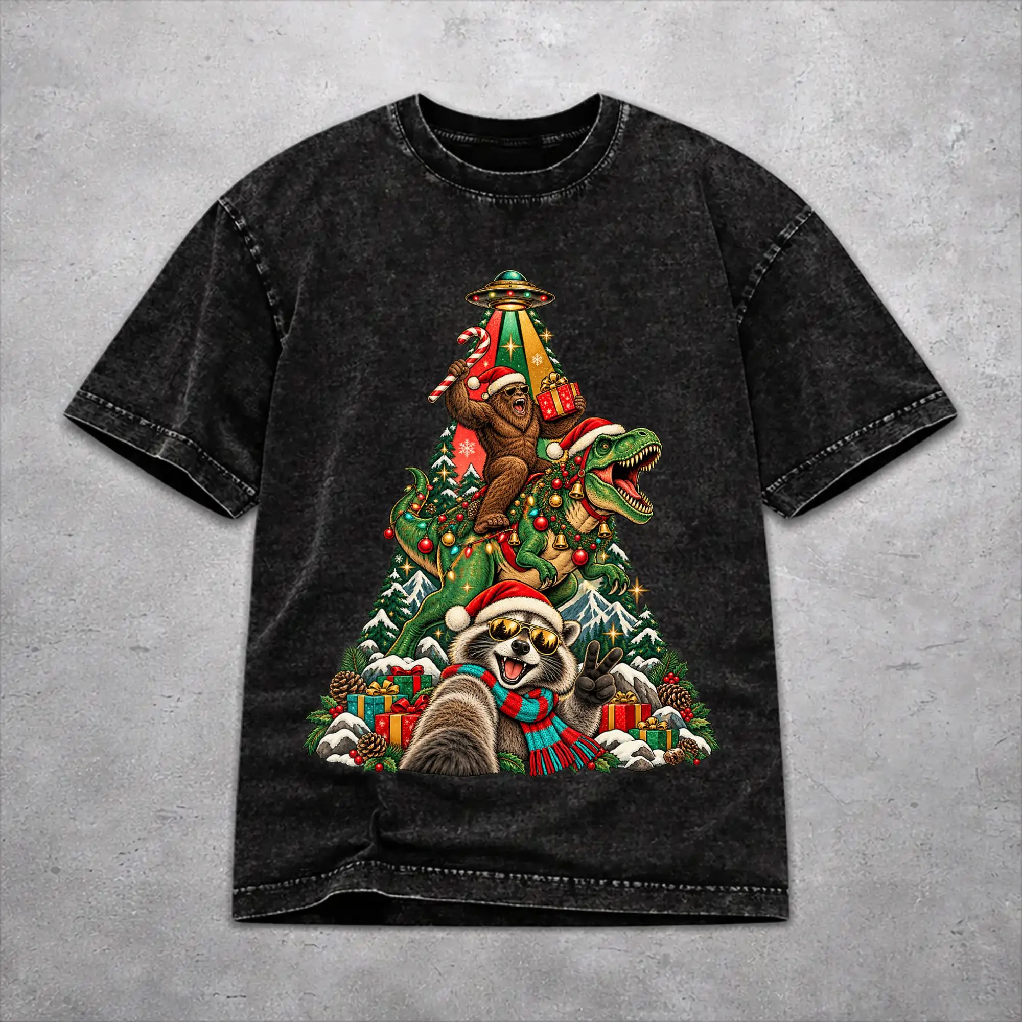 Oversize Funny Bigfoot Ride Dinosaur Raccoon Outfit T-Shirts for Men Women  Washed Style Tee Shirt Clothing
