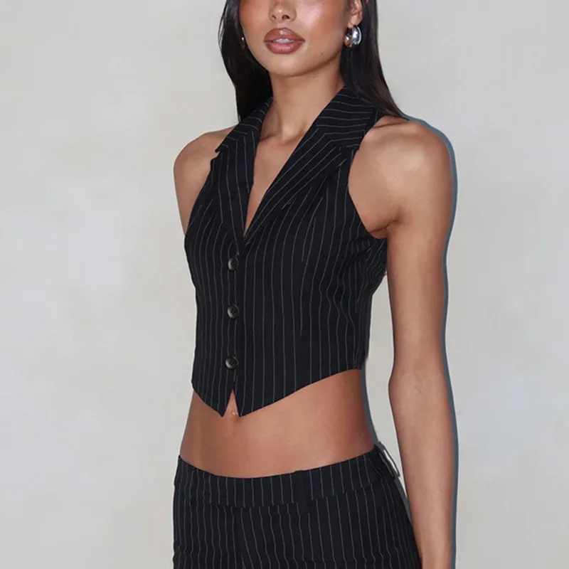 Talenza Weibliche Gestreifte Weste Mode V-ausschnitt Ärmelloses Revers Einreiher Tops Hohe Taille Kurze Dünne Tops Frauen Gestreifte Weste