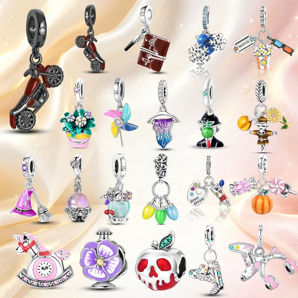 Original Silver Charms Beads Fit Bracelets Bag Keychain Diy Women Gift Accessory Motorcycle Snowflower Apple Windmill Pendant