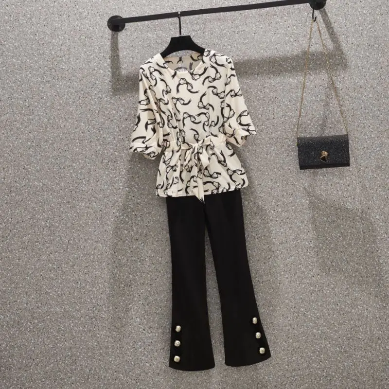 Women Temperament Half Sleeved Waist Cinching Lace-up Printed Chiffon Shirt Micro Flared Pants Stylish Two Piece Set