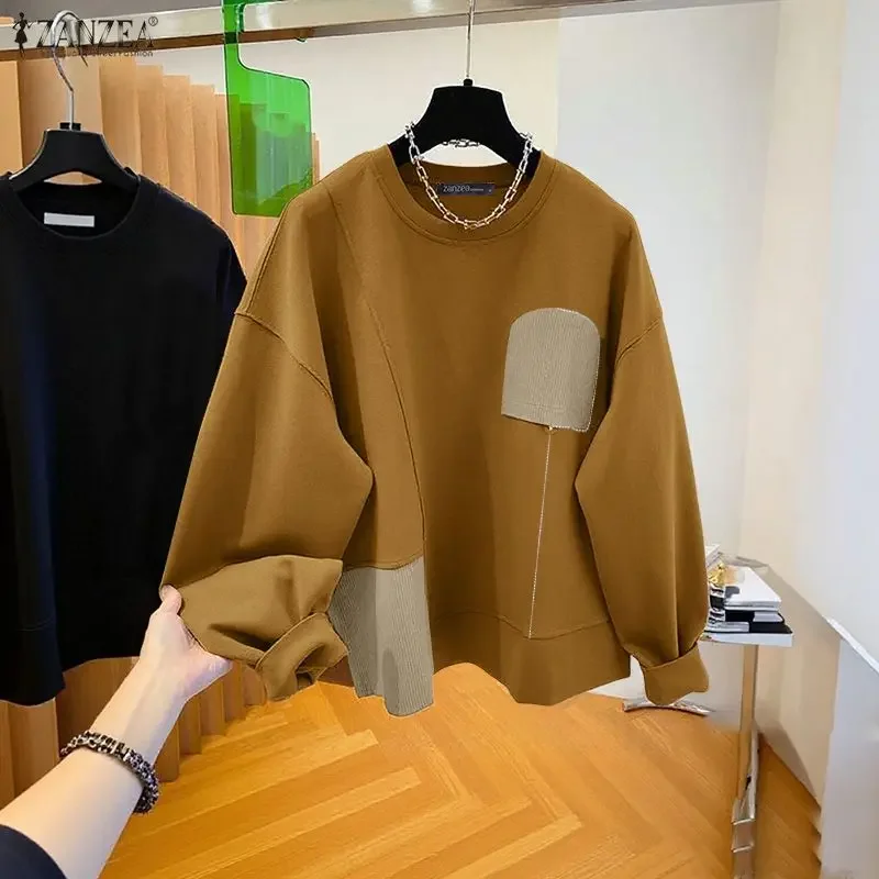 

ZANZEA женские пуловеры, толстовки с длинными рукавами в стиле пэчворк, модные джемперы 2026, повседневная свободная уличная одежда, элегантная женская одежда