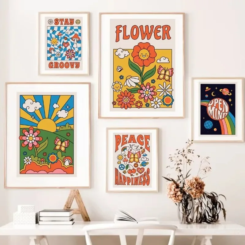 Groovy Vintage 60s Posters Prints Hippie Floral Boho 70s Art Quotes Psychedelic Retro Canvas Painting Wall Art Room Home Decor