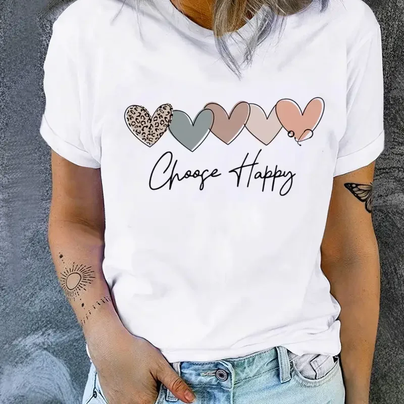 

Heart & Happy Slogan Print T-shirt Cute Short Sleeve Crew Neck Top Women's Clothing Valentine's Day