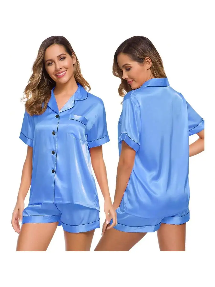 Womens Satin Pajamas Set Short Sleeve Button Down Top And Shorts Loungewear