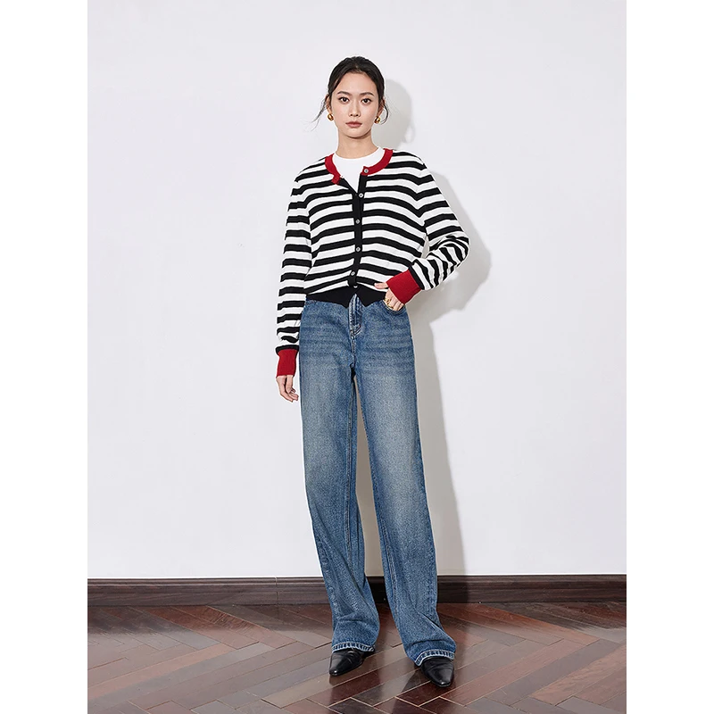 TOYOUTH Women Knitwear 2025 Spring New Round Neck Contrast Striped Single Breasted Button Cardigan Woolen Coat Tops