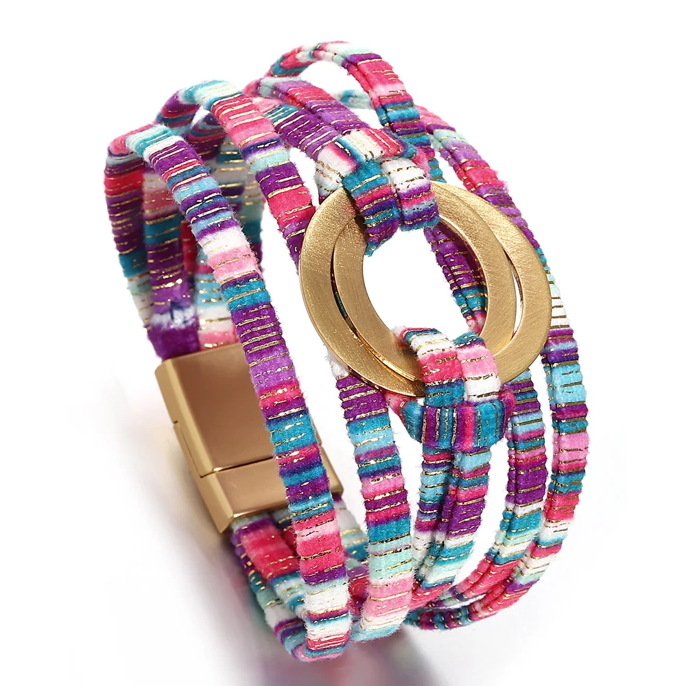 ALLYES Boho Double Circle Colorful Leather Bracelet for Women Vintage Chic Multilayer Wrap Bracelets Bangles Fall Winter Jewelry
