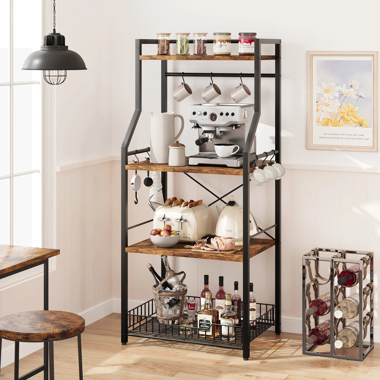 

Kitchen Microwave Oven Bakers Rack 4-Tier Stand with Wire Basket, Coffee Bar Station Storage Shelf with 8 Hooks for Spice/Pots